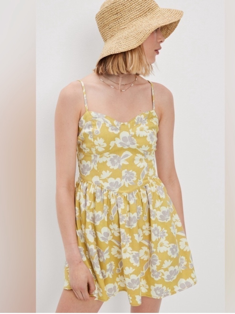 American Eagle Mustard Floral Spaghetti Strap Dress Size XL